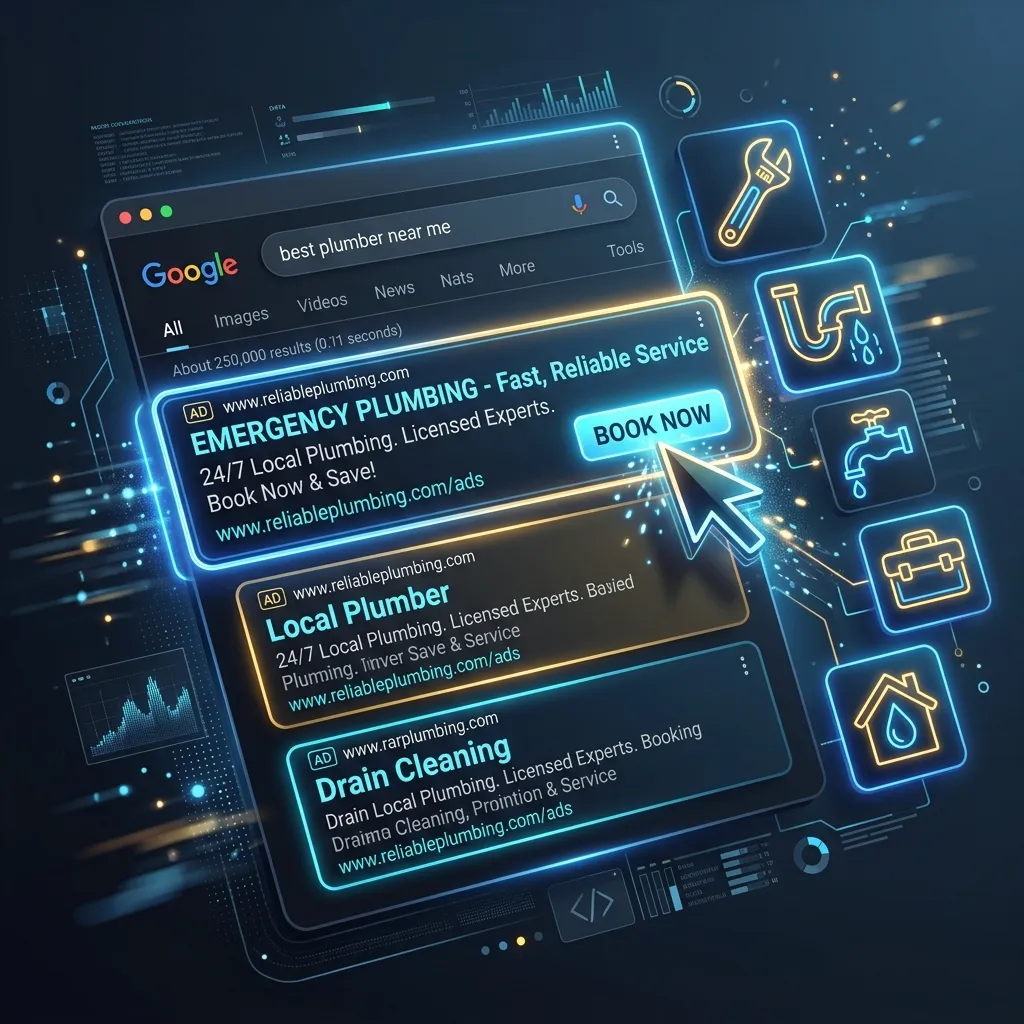 Google search engine ad results with plumbing icons