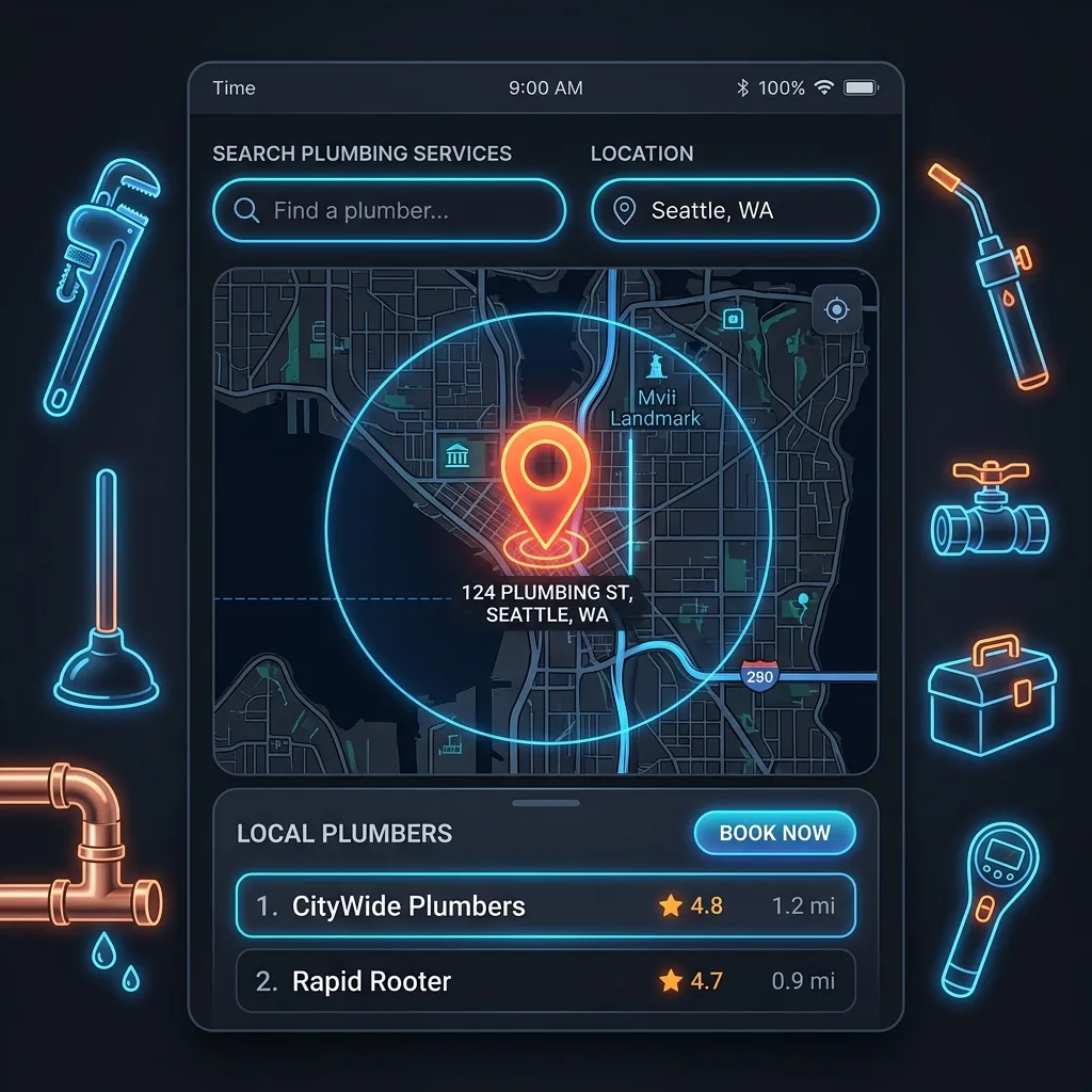 A glowing location pin on a digital map with plumbing tools