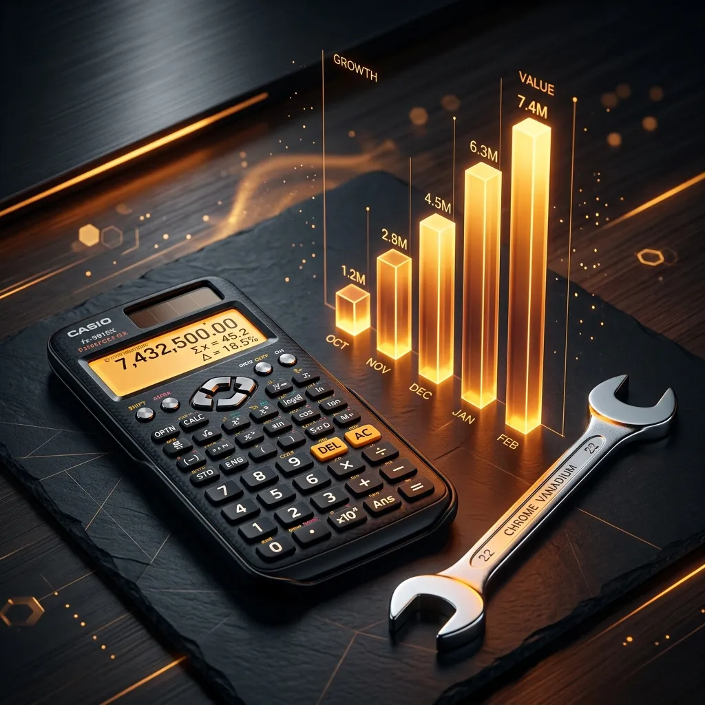 A calculator with rising bar charts and a metallic wrench