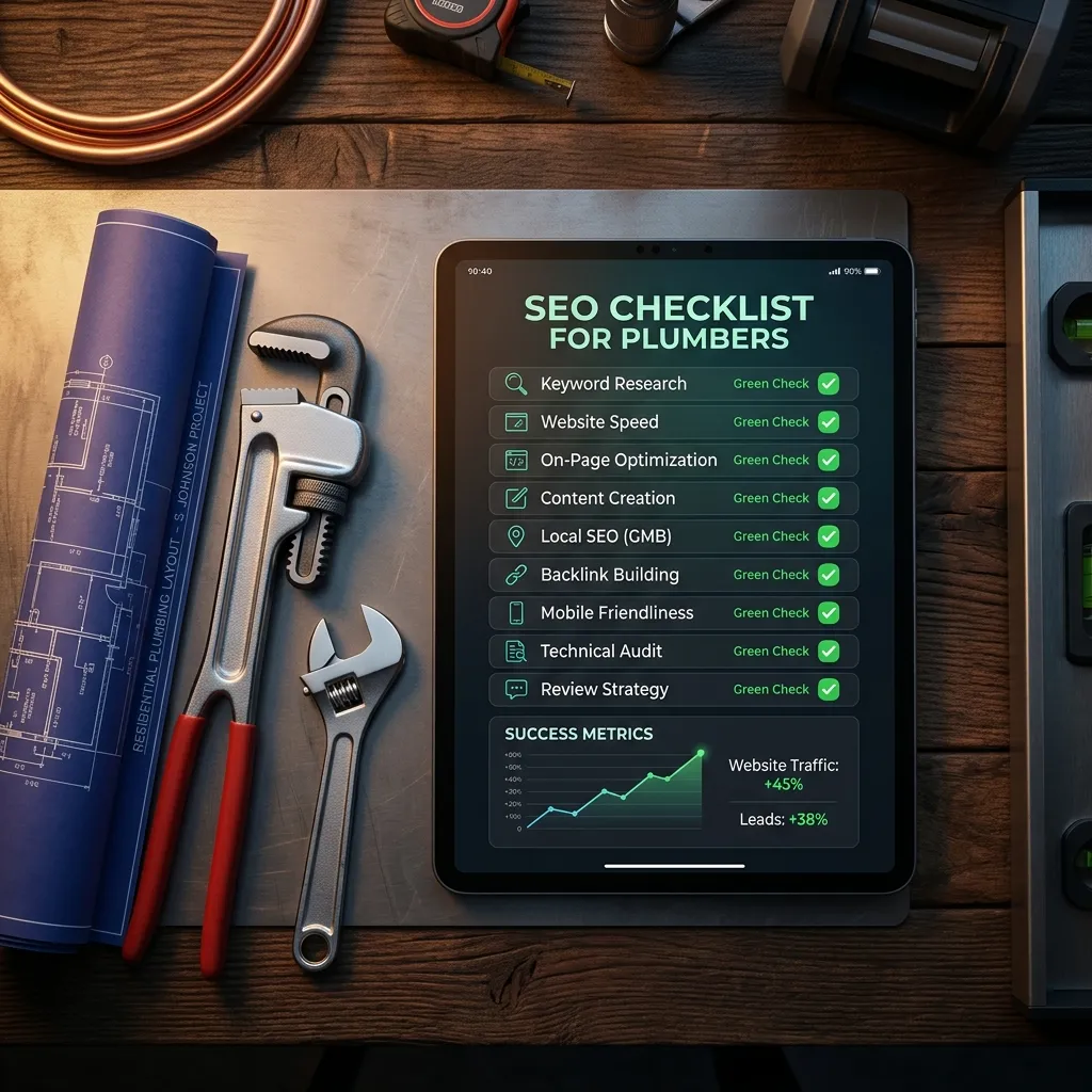 A digital tablet showing an SEO checklist next to plumbing tools