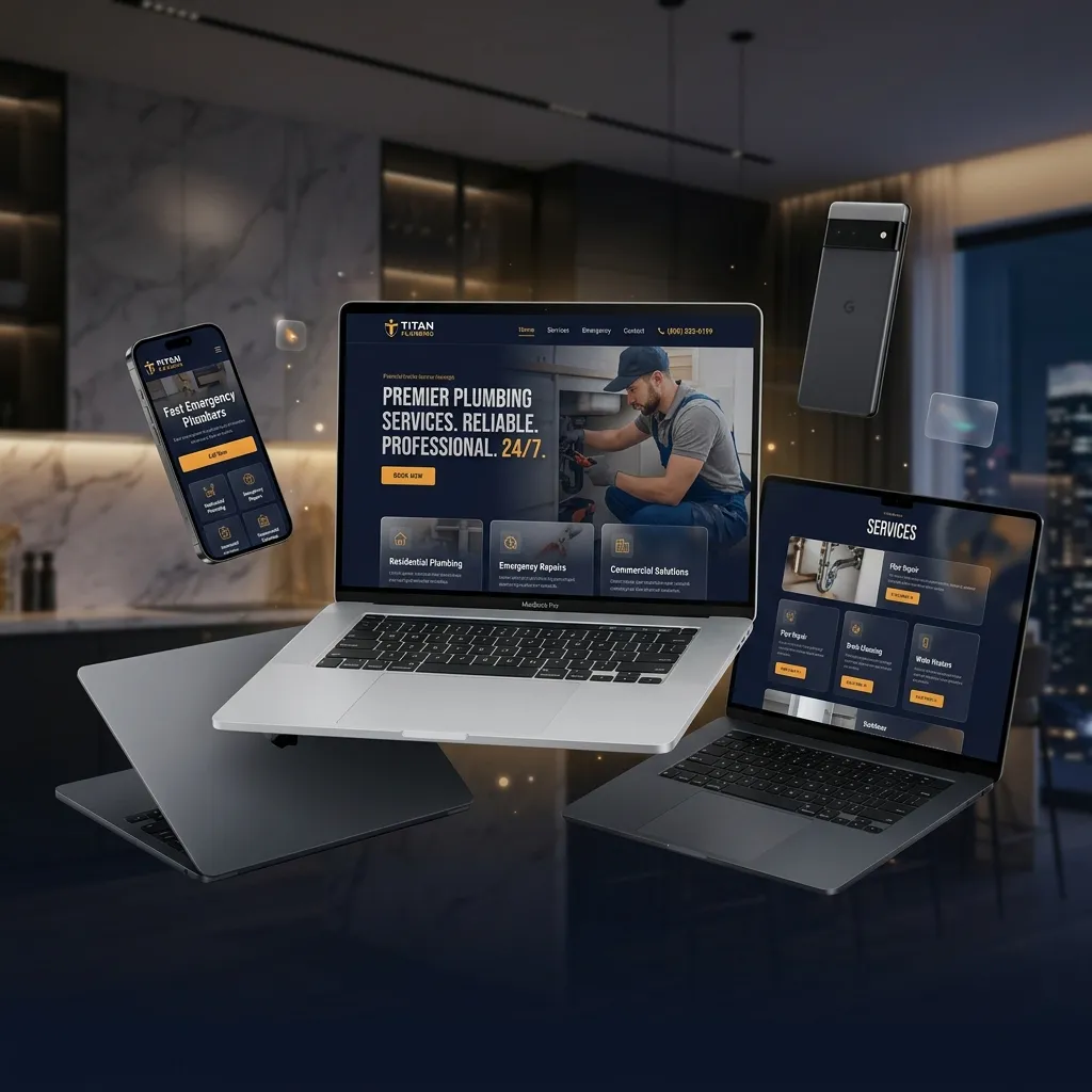 Laptop and mobile screens displaying premium plumber website layouts